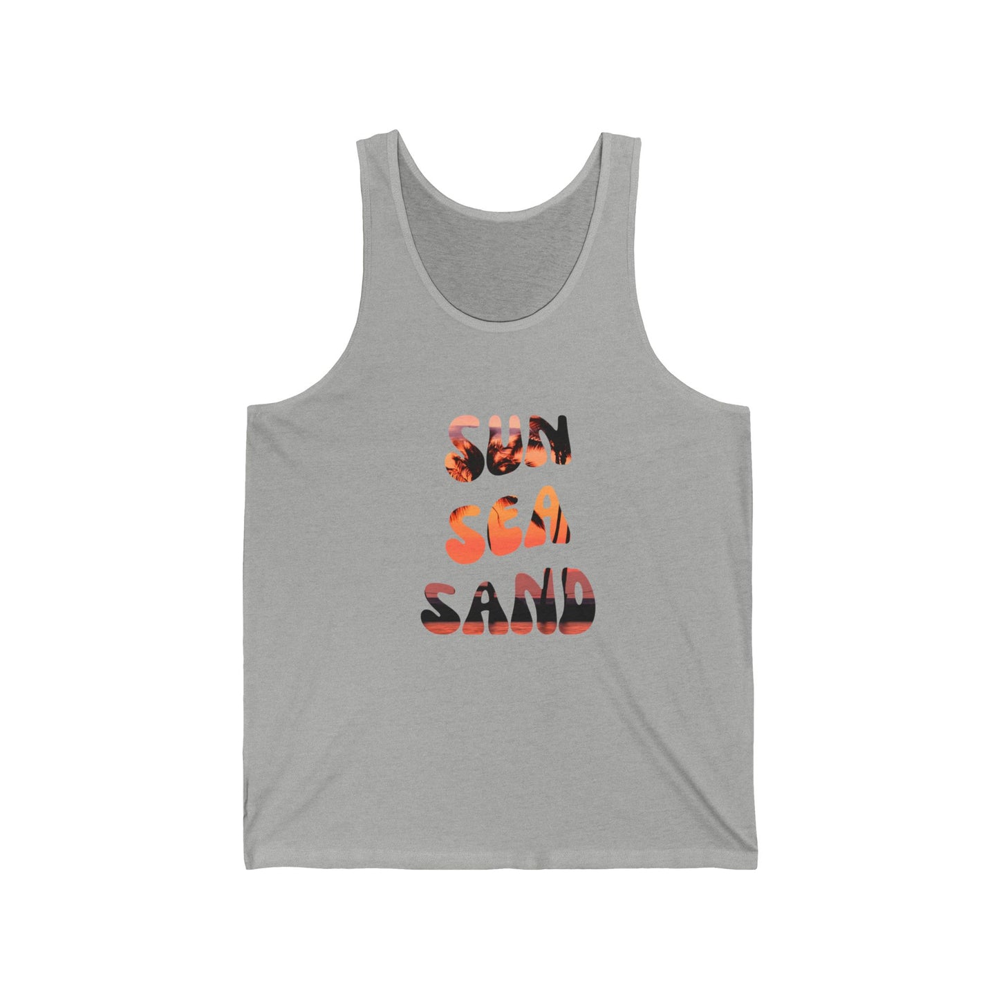 Unisex Jersey Tank Top - "Sun, Sea, Sand" Summer Vibes, Beachwear, Vacation Apparel, Gift for Him/Her, Casual Wear