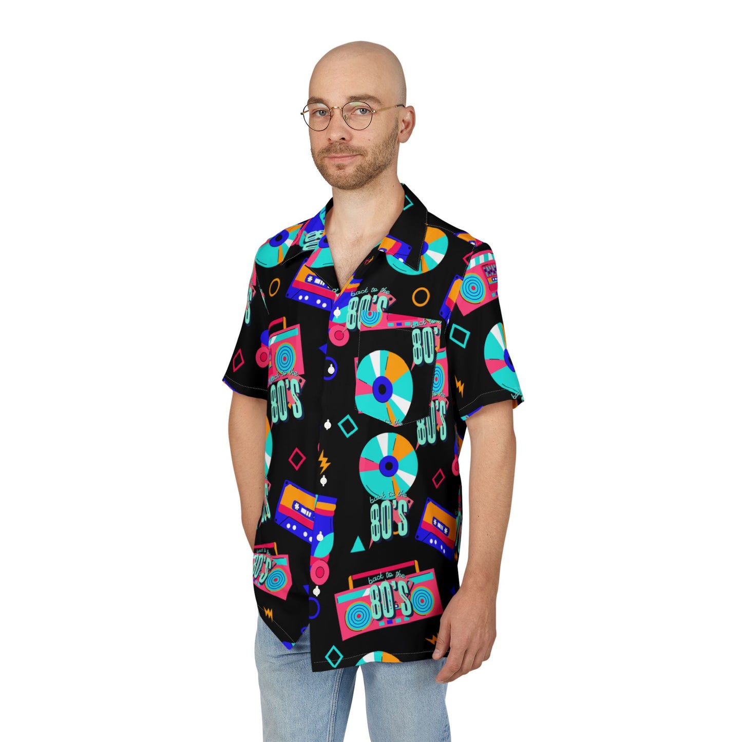 Retro 80s Themed Hawaiian Shirt, Unisex Button-Down Shirt for Summer, Beach Party, Vacation Outfit, Statement Fashion