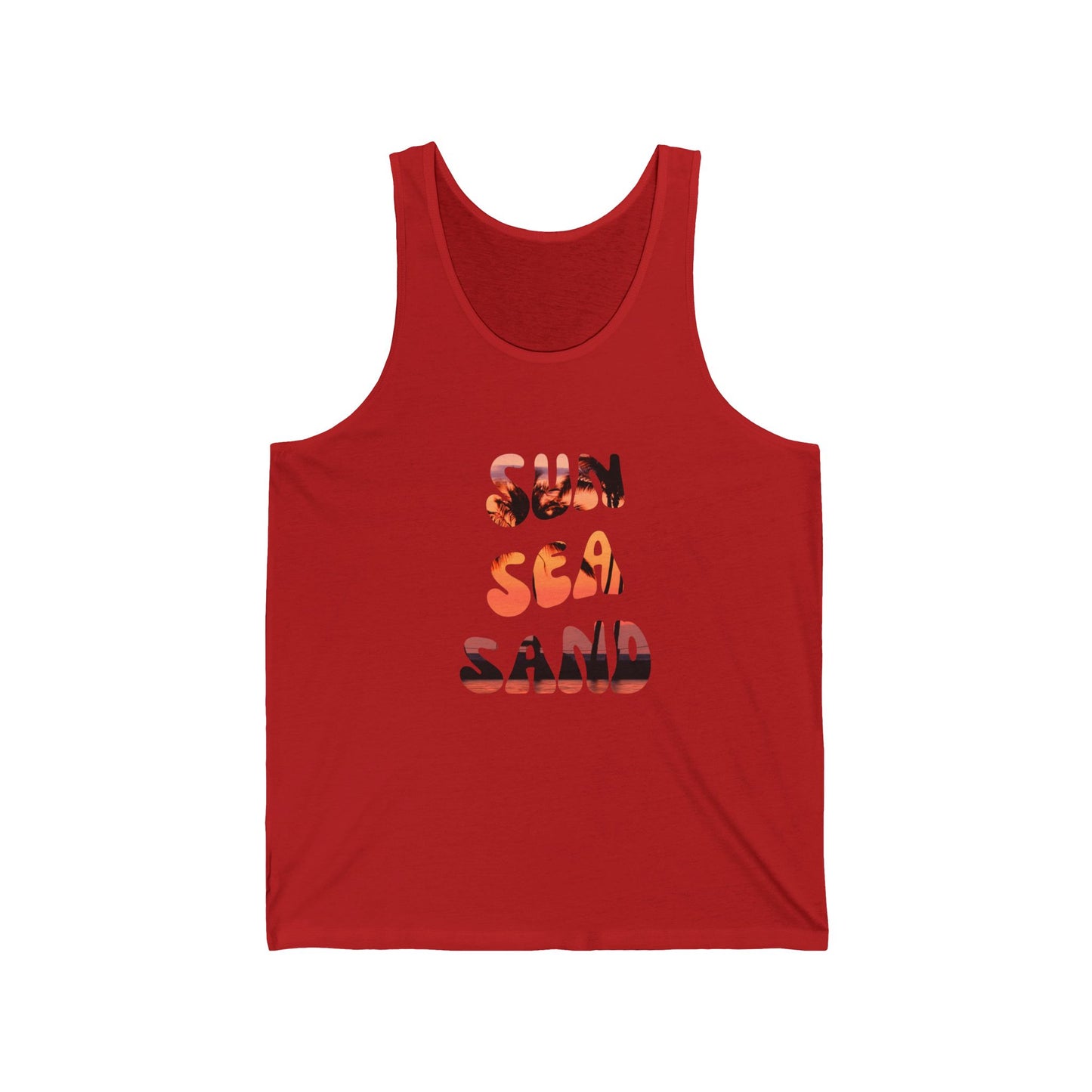 Unisex Jersey Tank Top - "Sun, Sea, Sand" Summer Vibes, Beachwear, Vacation Apparel, Gift for Him/Her, Casual Wear