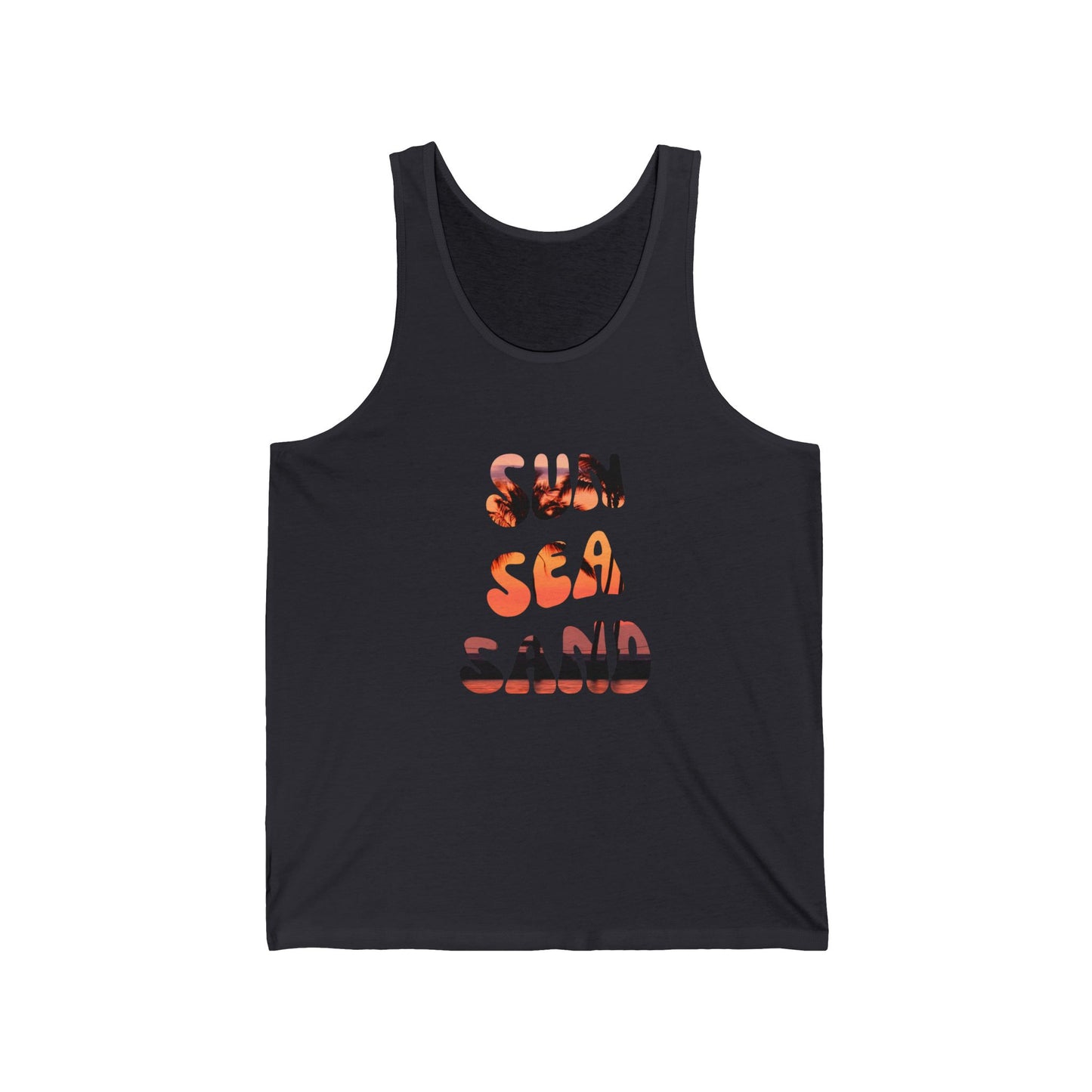 Unisex Jersey Tank Top - "Sun, Sea, Sand" Summer Vibes, Beachwear, Vacation Apparel, Gift for Him/Her, Casual Wear