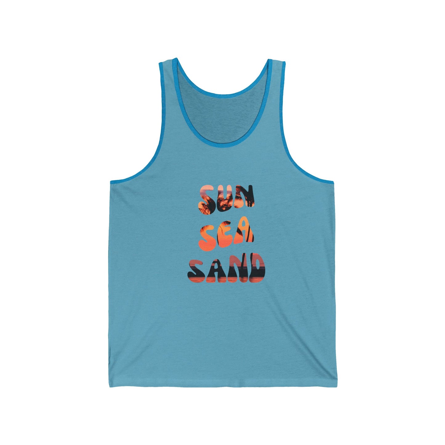 Unisex Jersey Tank Top - "Sun, Sea, Sand" Summer Vibes, Beachwear, Vacation Apparel, Gift for Him/Her, Casual Wear