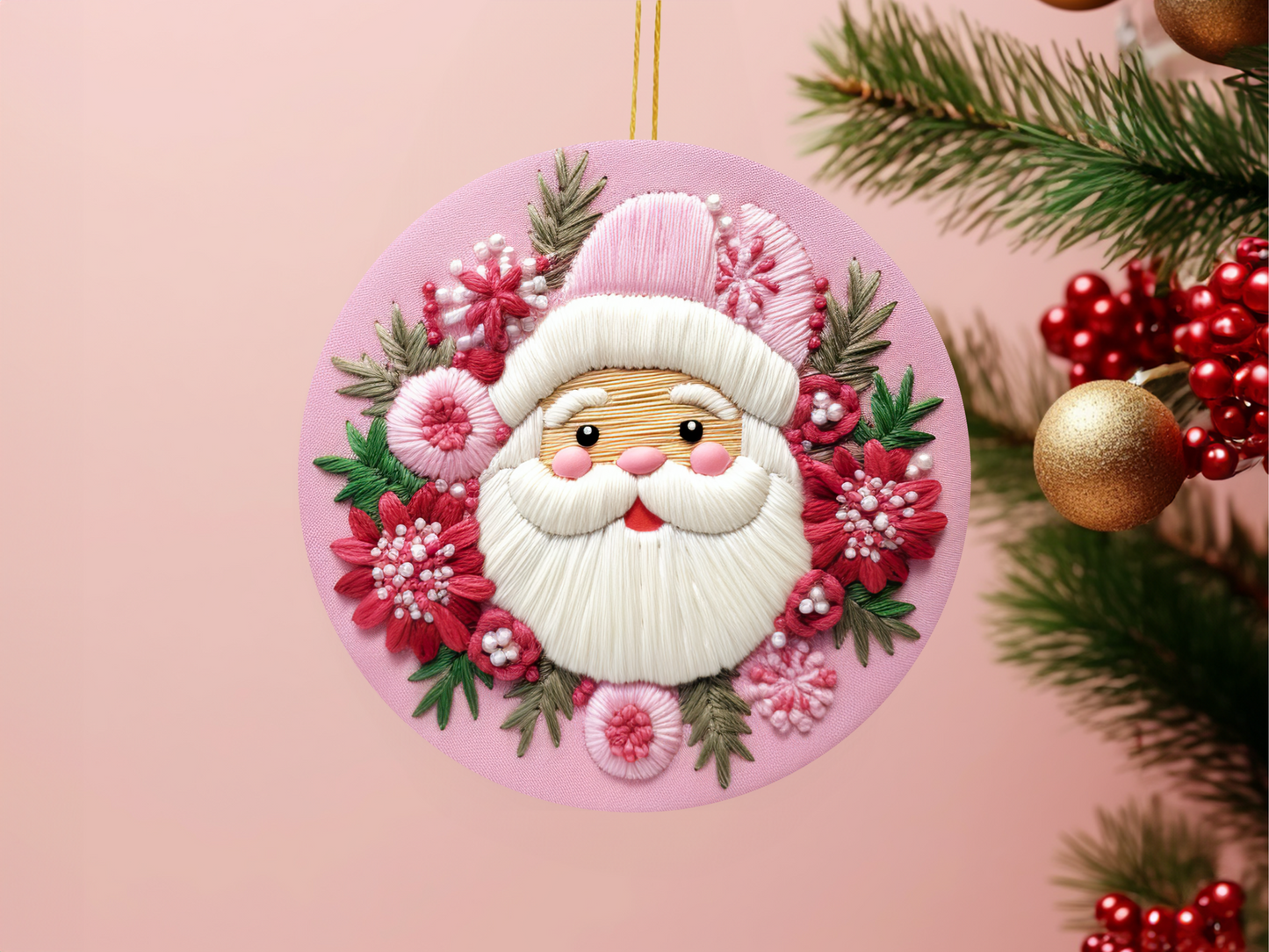Pink Santa Faux Embroidery look Ornament