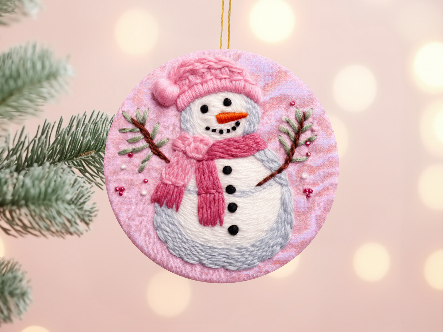 Pink Snowman Faux Embroidery look Ornament