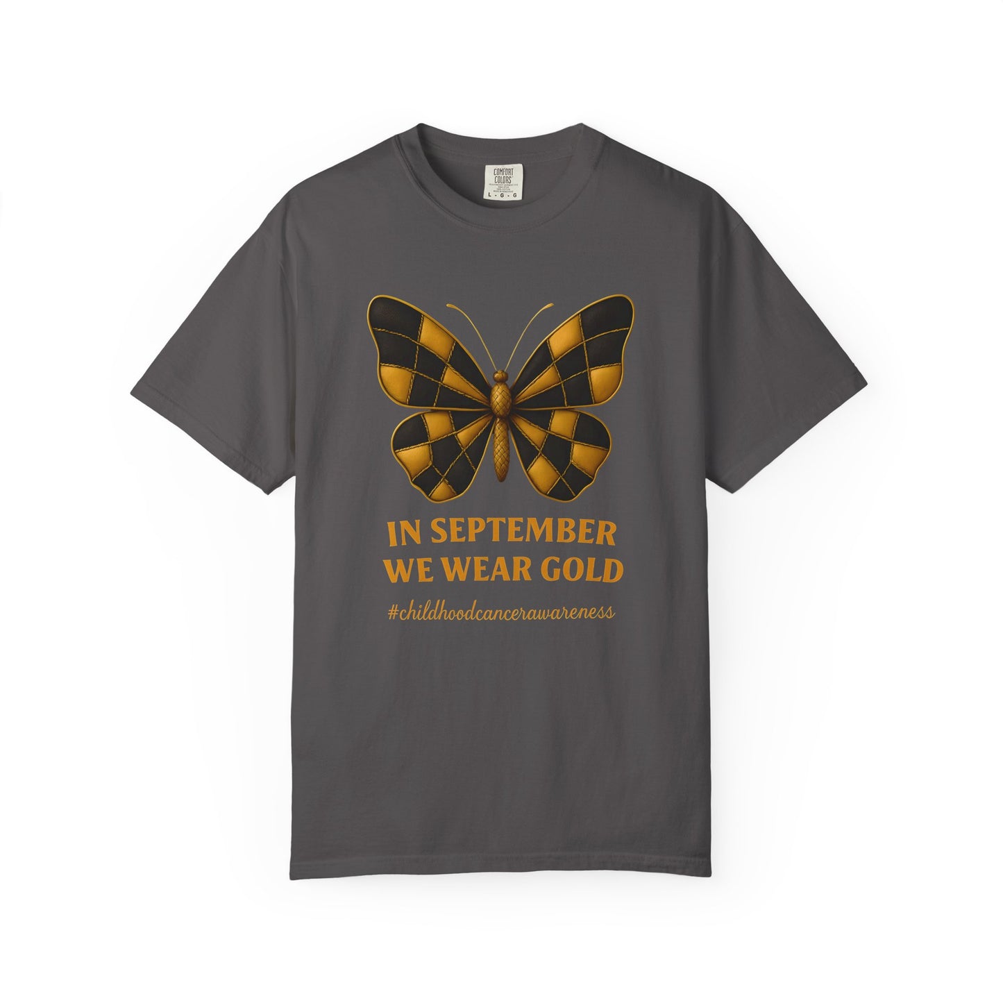September Gold Butterfly T-Shirt, Unisex Garment-Dyed Tee, Fall Fashion Shirt, Casual Wear, Awareness Tee