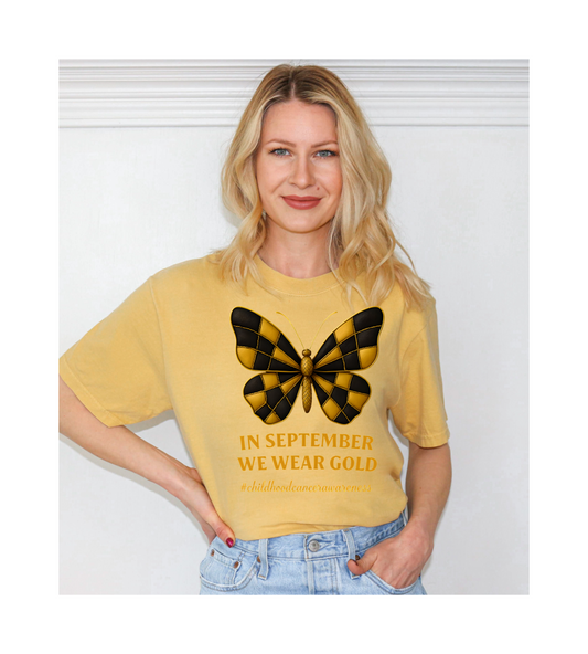 September Gold Butterfly T-Shirt, Unisex Garment-Dyed Tee, Fall Fashion Shirt, Casual Wear, Awareness Tee