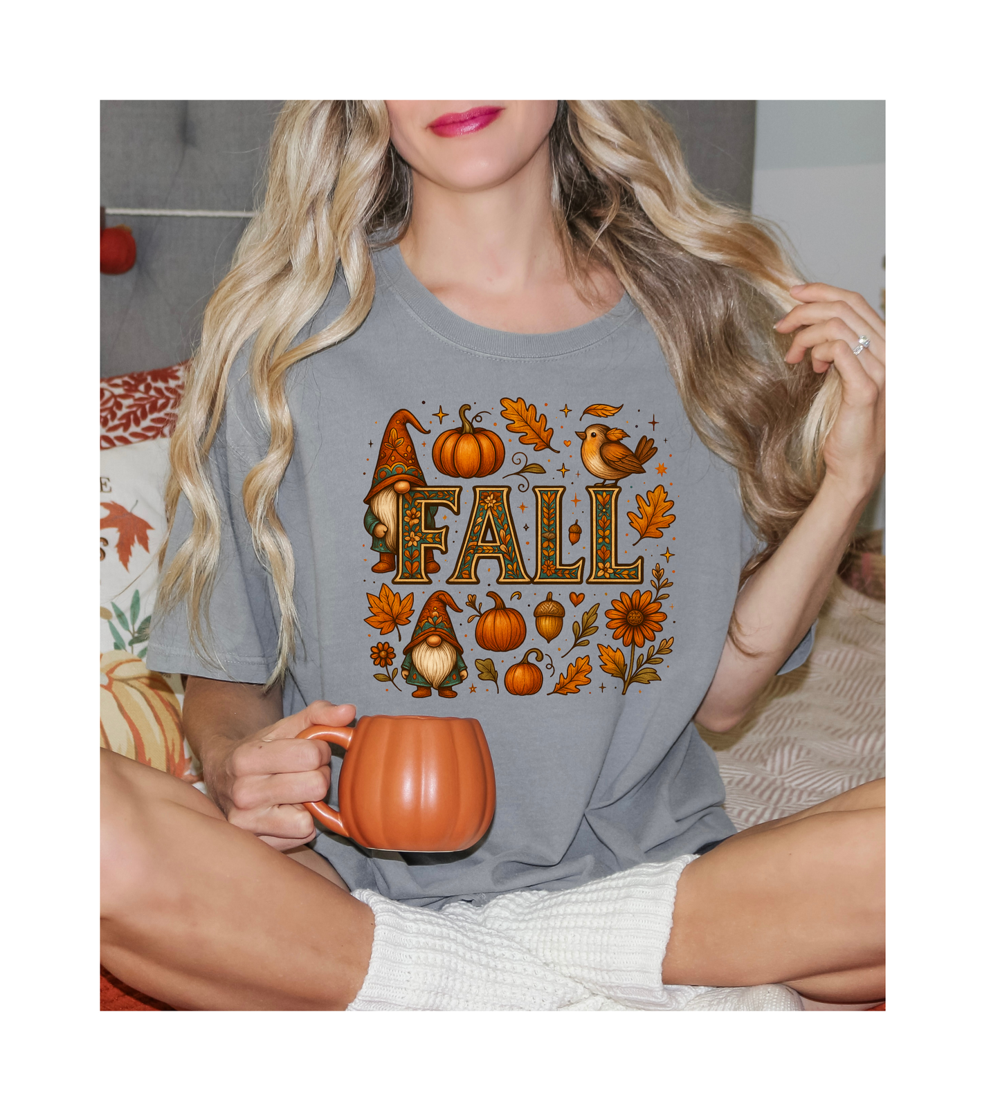 Fall-Themed Unisex Garment-Dyed T-Shirt, Cozy Autumn Tee, Seasonal Fashion, Gnome & Pumpkin Design, Perfect for  Fall