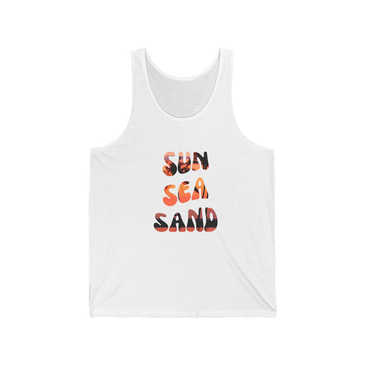 Unisex Jersey Tank Top - "Sun, Sea, Sand" Summer Vibes, Beachwear, Vacation Apparel, Gift for Him/Her, Casual Wear