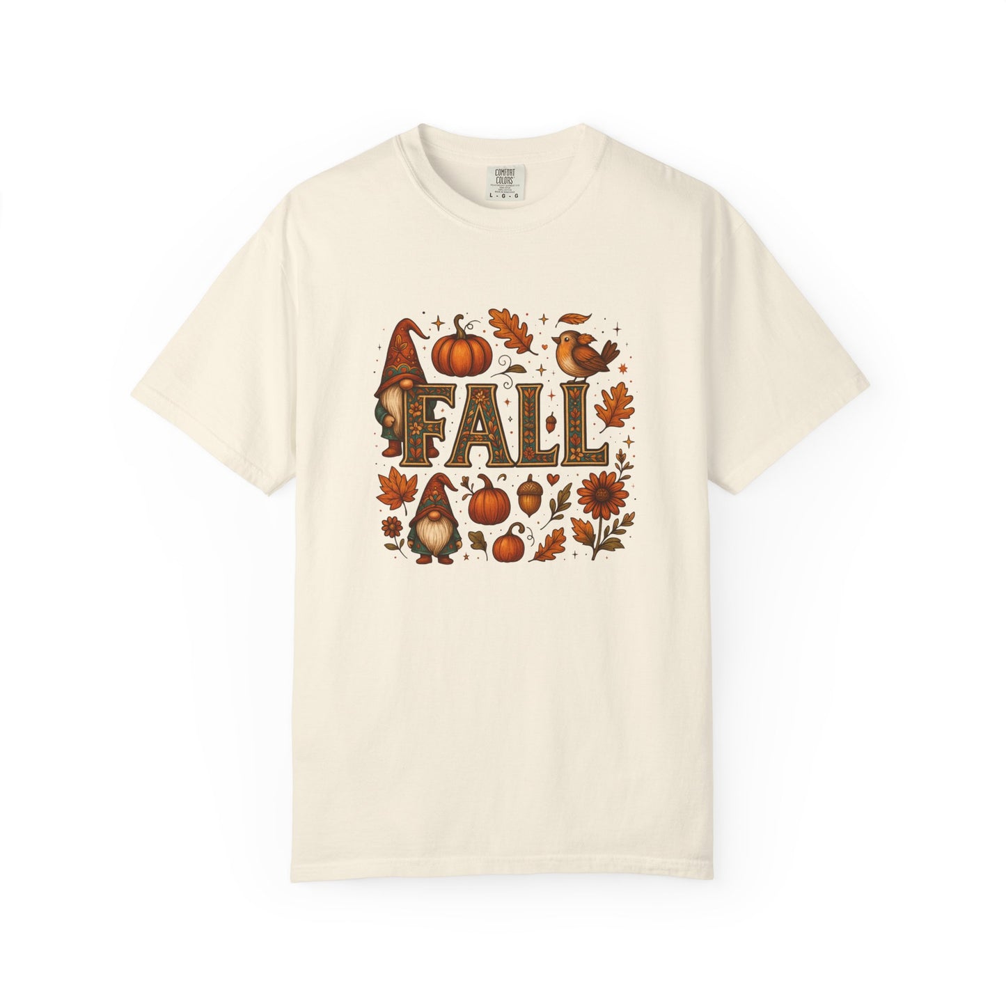 Fall-Themed Unisex Garment-Dyed T-Shirt, Cozy Autumn Tee, Seasonal Fashion, Gnome & Pumpkin Design, Perfect for  Fall