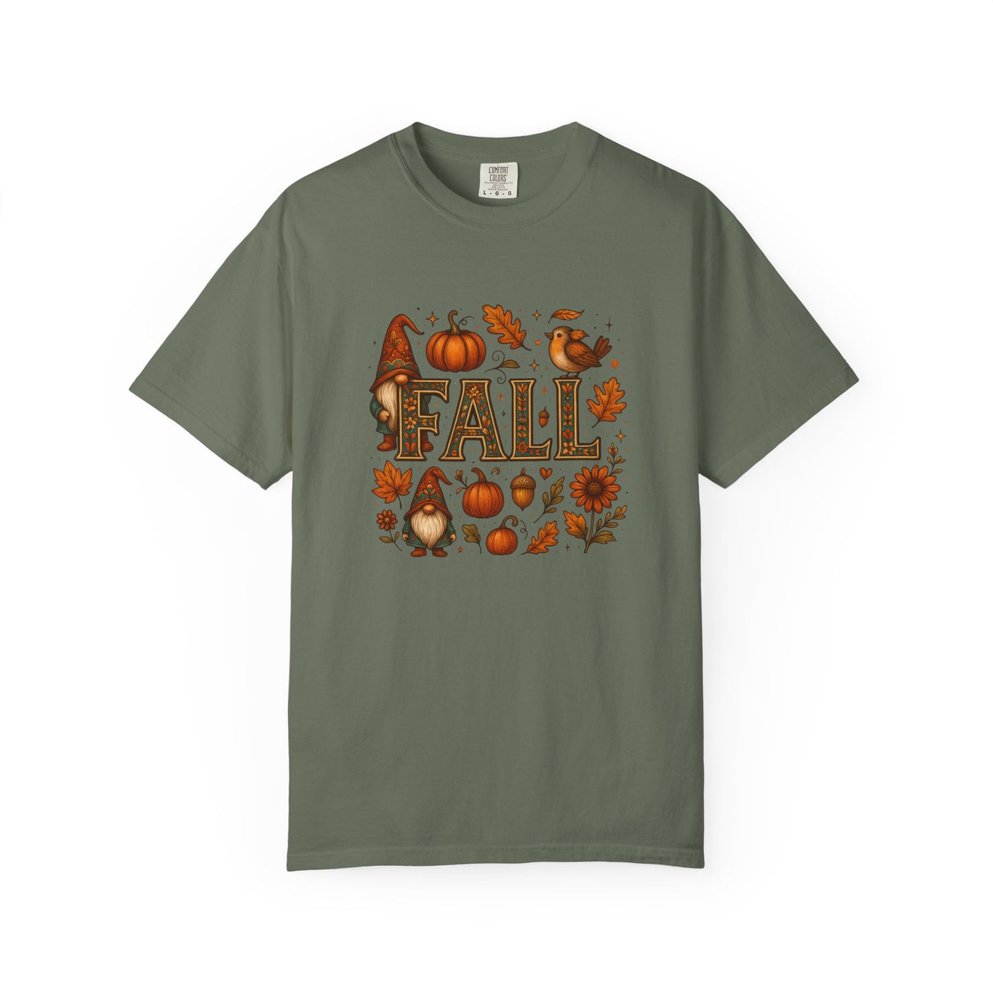 Fall-Themed Unisex Garment-Dyed T-Shirt, Cozy Autumn Tee, Seasonal Fashion, Gnome & Pumpkin Design, Perfect for  Fall