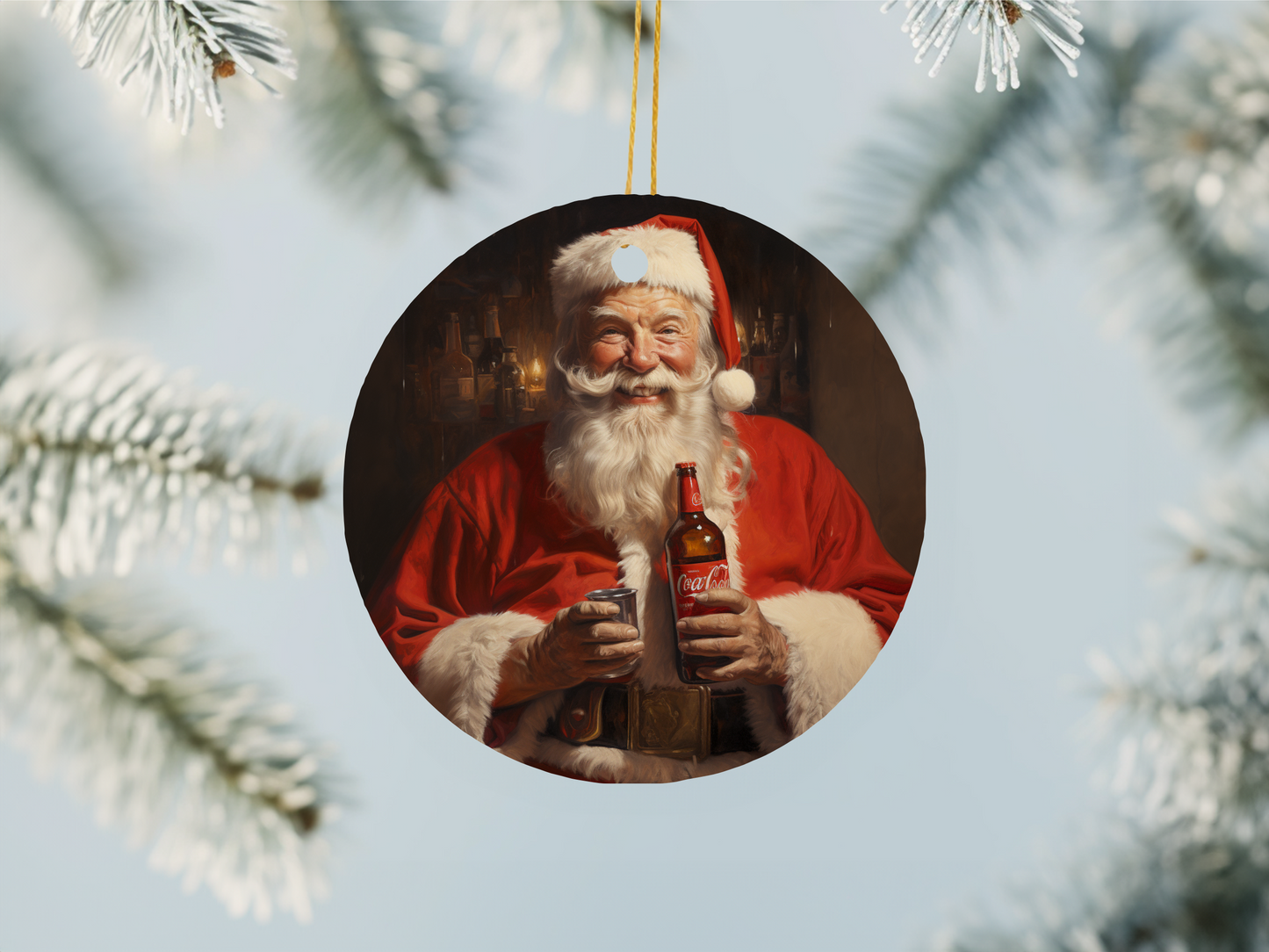 Santa With  Holding Soda Bottle Christmas Ornament