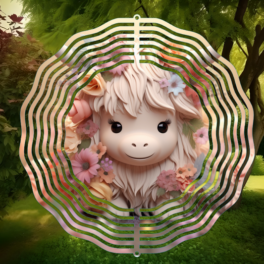 Cute Floral Highland Cow Wind Spinner