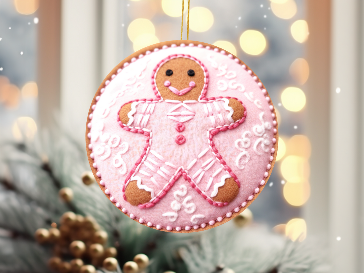 Pink Gingerbread Faux Embroidery look Ornament