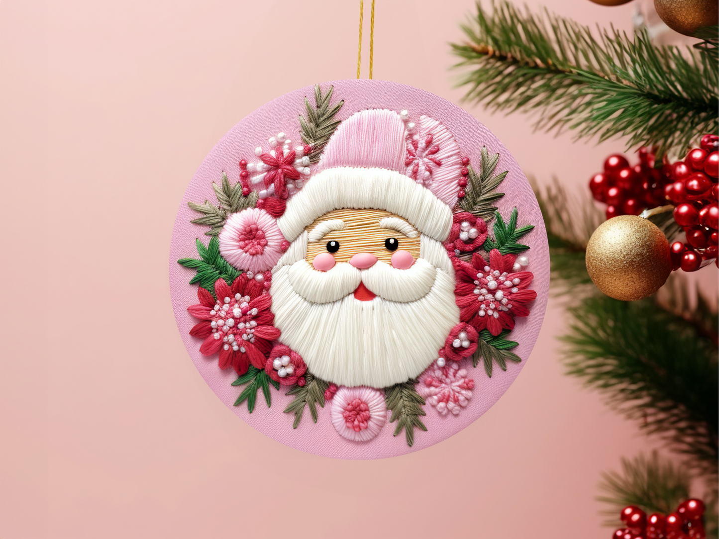 Pink Santa  Faux Embroidery look Ornament