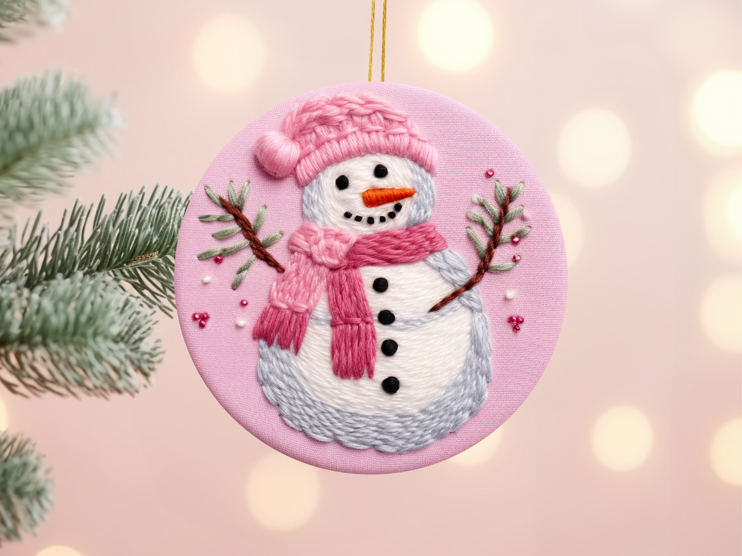 Pink Snowman  Faux Embroidery look Ornament