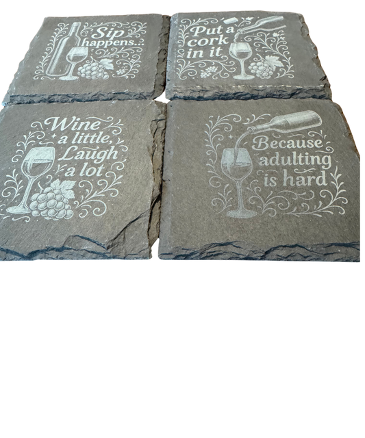 Wine Saying engraved slate coaster set